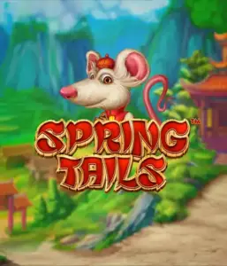 A whimsical illustration of a mouse dressed in traditional Chinese attire standing in a vibrant mountain backdrop. The image promotes the Spring Tails game by Betsoft, showcased with prominent red and gold logo text.