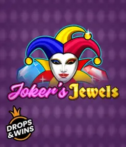 Discover the vibrant world of the Joker's Jewels game by Pragmatic Play, featuring a captivating joker's mask embellished with a brightly colored jester hat. This image captures the light-hearted fun of classic slots, set against a lavender background. Great for those who love classic slot games, promising a thrilling play experience. 